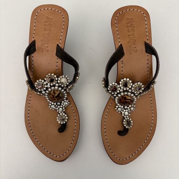 Wedge Thong Sandal Sz 8 Brown Leo Crystal Monique MobWives BarbieCorp‎ Embellish - Picture 4 of 7